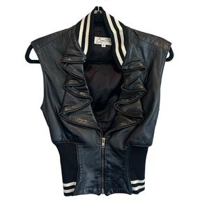 Byron Lars 90’s Varsity Black Leather Zipper Vest Ruffle Ribbon Front Size Small